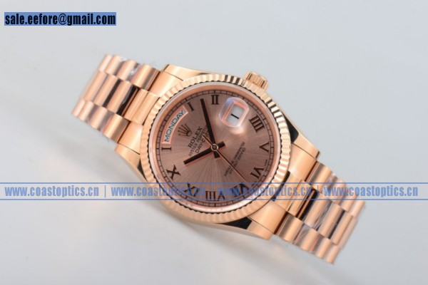 Perfect Replica Rolex Day-Date Watch Rose Gold Roman Numeral Markers 218235 brwrp (BP)