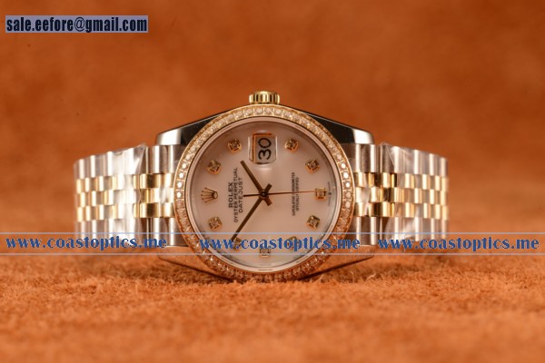 Rolex Datejust 37mm Swiss Eta 2836 Automatic Two Tone With White Mop Dial And Diamonds Markers Diamond Bezel
